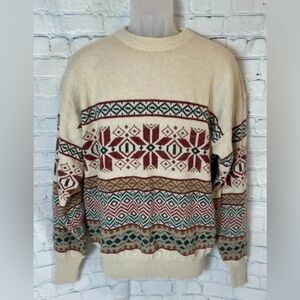 St. Johns Bay Sweater Vintage 90s Nordic Fair Isle Holiday Fall Cream Red Mens M